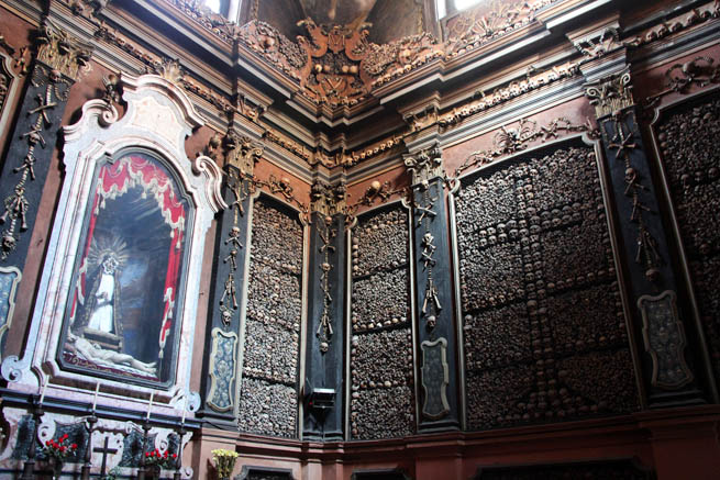 San Bernardino alle Ossa is an ossuary decorated with numerous human skulls and bones.