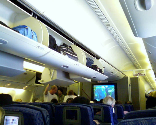 The overhead bin is the shared place above your seat that allows for bag storage.