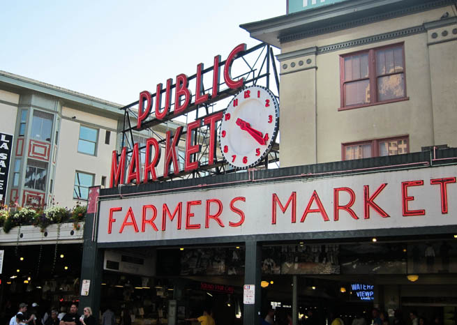 Pike Place Market is a public market overlooking the Elliott Bay waterfront in Seattle 
