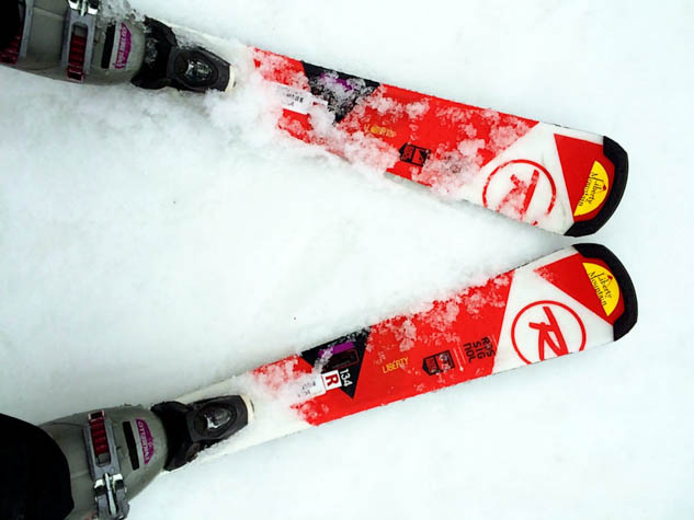 Skis are a pair of long narrow pieces of hard flexible material, typically pointed and turned up at the front, fastened under the feet for gliding over snow FT