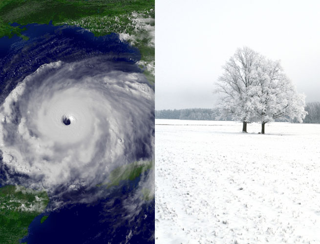 A hurricane is juxtaposed next to a snowy winter scene.
