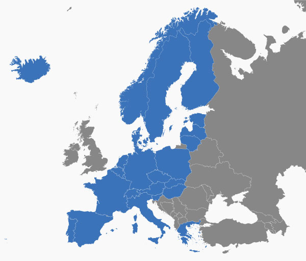 The blue countries are in the Schengen Area.