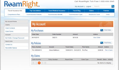 Travelers can use the My Account section to manage their RoamRight policy.