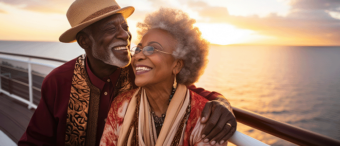 retired african american couple enjoying cruise vacation