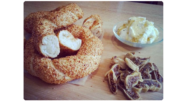 Simit is a circular bread, typically encrusted with sesame seeds